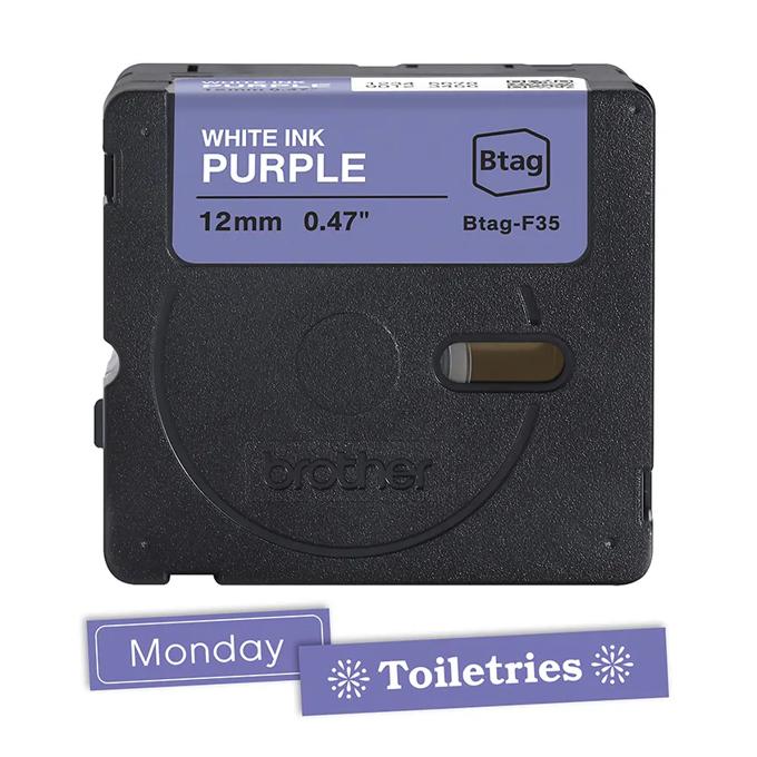 Brother Btag labeling tape cassette in purple with white ink, 12mm width, and sample labels