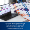 Laptop displaying Brother quilting design software next to colorful geometric quilt