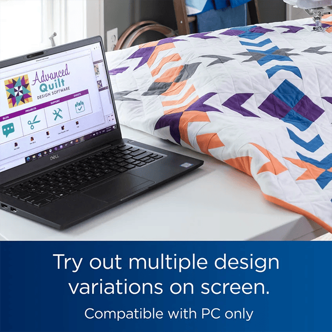 Laptop displaying Brother quilting design software next to colorful geometric quilt