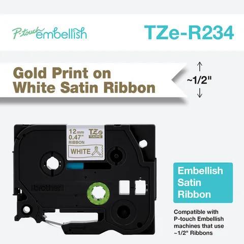 Brother TZe-R234 gold print on white satin ribbon cartridge, 1/2-inch wide