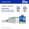 Brother LC501 4-pack ink cartridges with printed pages and packaging for Work Smart inkjet printers