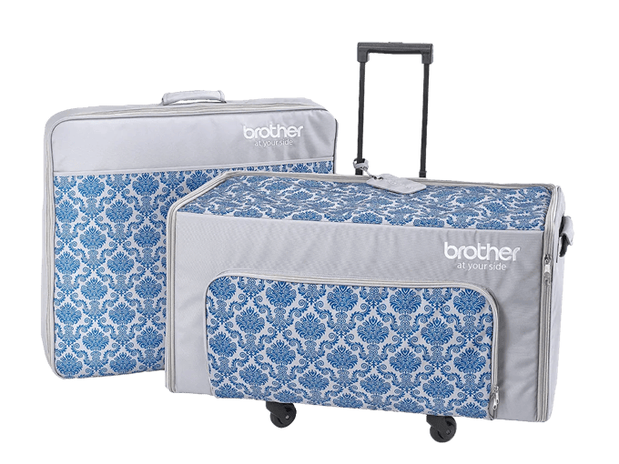 Brother rolling sewing machine case with blue damask pattern and telescoping handle