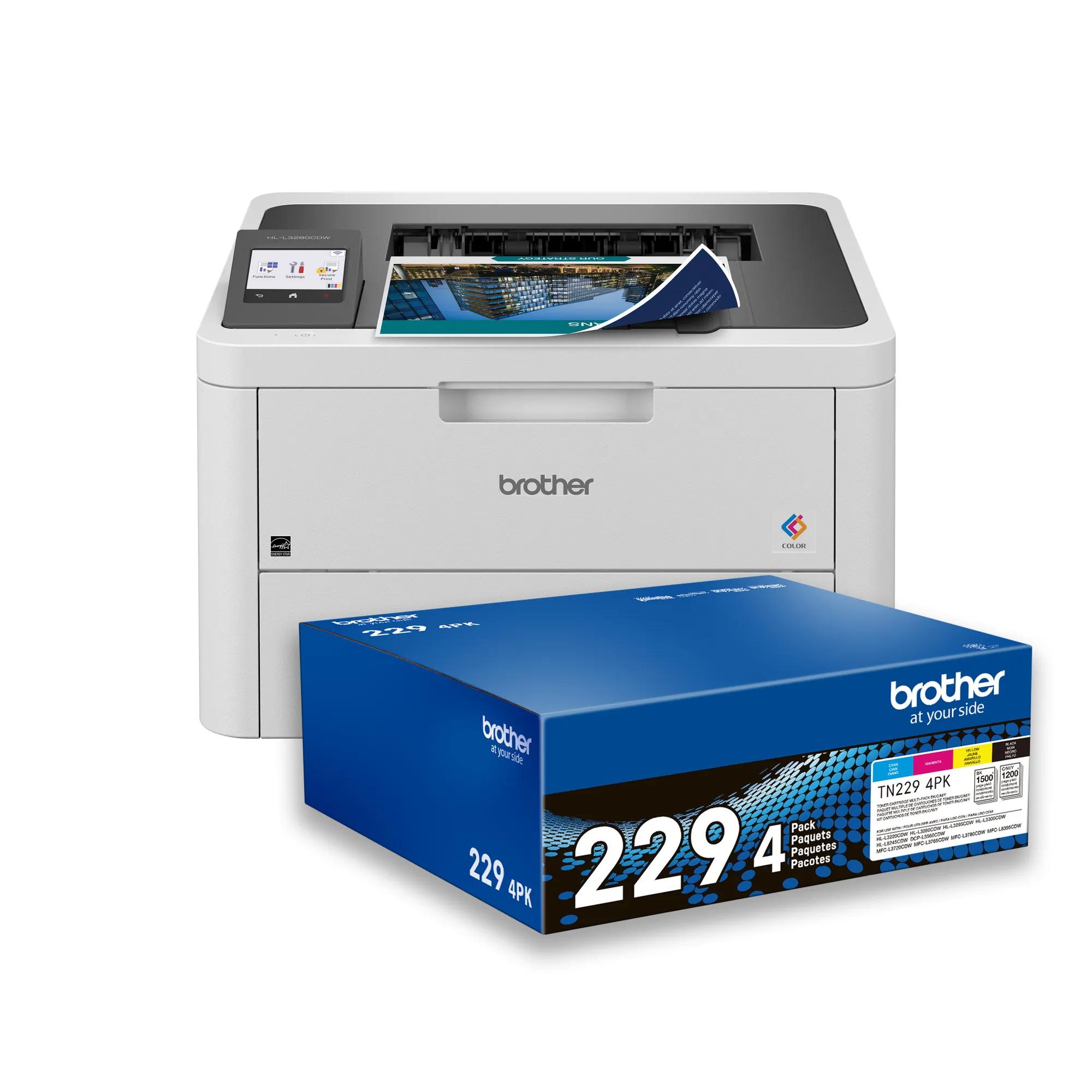 Brother HL-L3280CDW color laser printer with TN229 4-pack toner cartridges