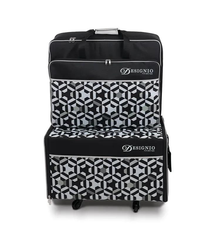 Designio rolling luggage set with geometric pattern and storage compartments