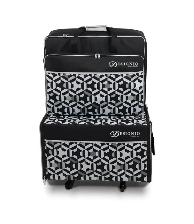 Designio rolling luggage set with geometric pattern and storage compartments