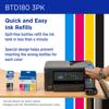 Brother BTD180 all-in-one printer with spill-free ink refill bottles in cyan, magenta, yellow, black