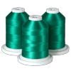 Three spools of emerald green embroidery thread on white bases