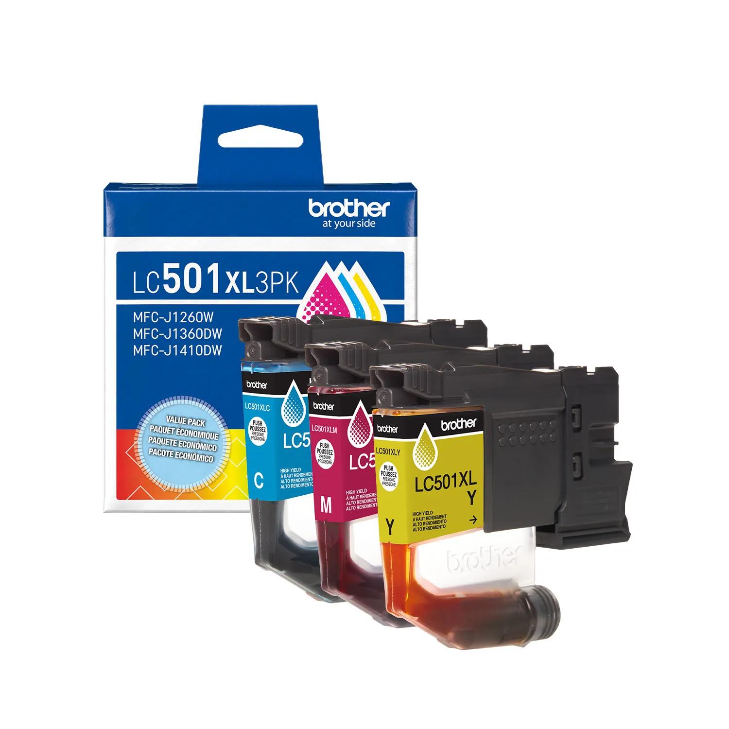 Brother LC501XL 3-pack high-yield ink cartridges in cyan, magenta, and yellow with packaging