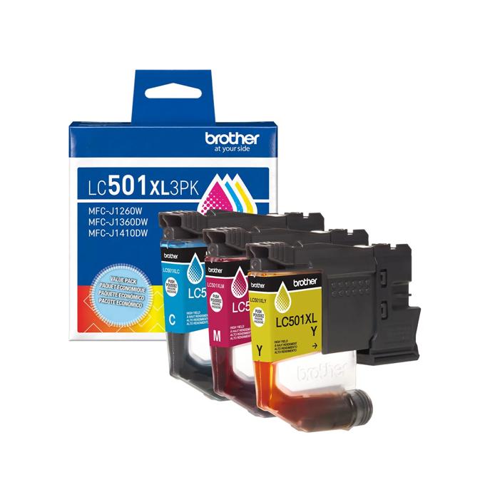 Brother LC501XL 3-pack high-yield ink cartridges in cyan, magenta, and yellow with packaging