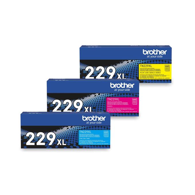Brother TN229XL high-yield toner cartridges in cyan, magenta, and yellow