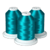 Three spools of turquoise Brother embroidery thread on white bases