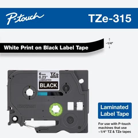 Cartucho de cinta de etiquetas laminadas Brother TZe-315 con texto blanco sobre negro, 1/4"