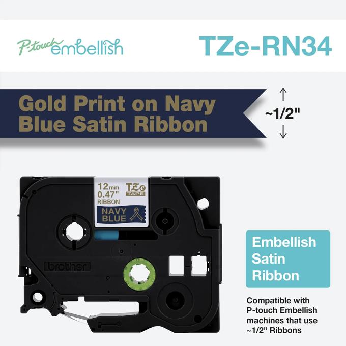 Brother TZe-RN34 gold print on navy blue satin ribbon tape cartridge, 1/2-inch width