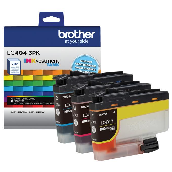 Brother LC404 3-pack INKvestment Tank cartridges in cyan, magenta, and yellow