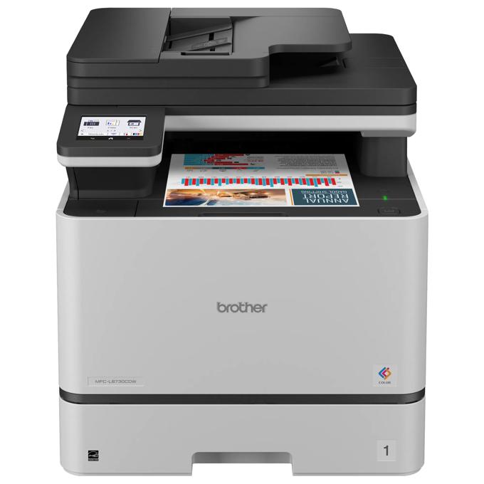 Brother MFC-L8730CDW color laser all-in-one printer with touchscreen and printed documents