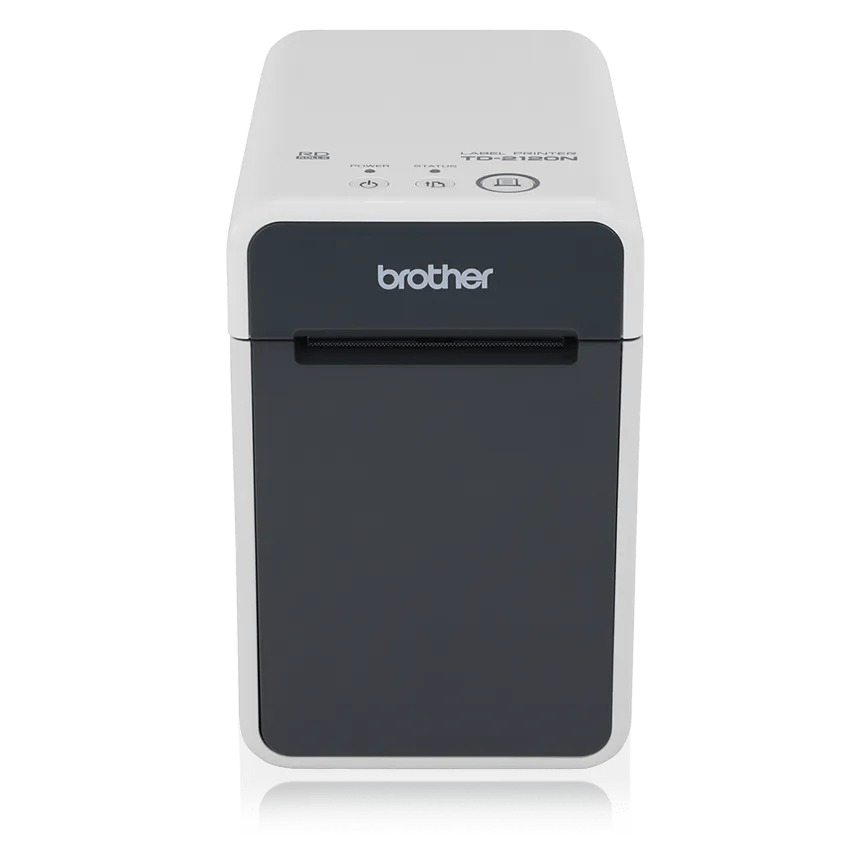 Brother TD-2120N label printer with wireless connectivity in white and gray