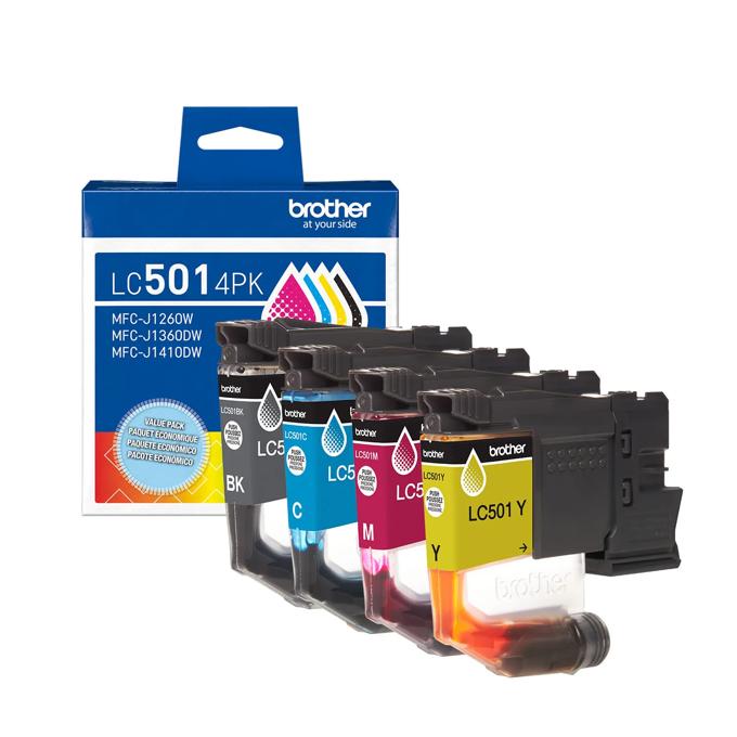 Brother LC501 4-pack ink cartridges in black, cyan, magenta, and yellow with packaging