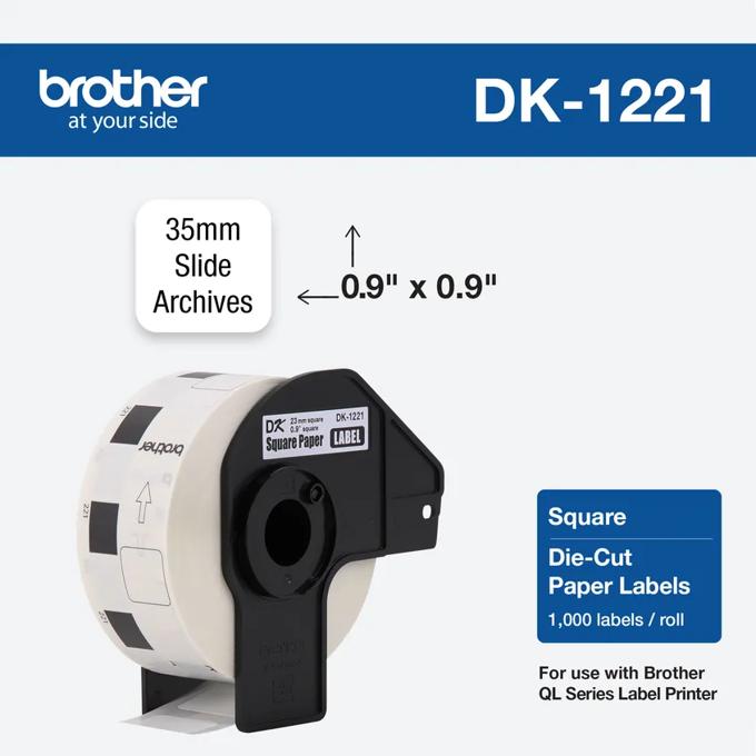 Brother DK-1221 square die-cut paper labels, 0.9" x 0.9", 1,000 labels per roll