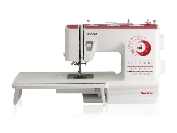 Brother SB530T sewing machine with extension table and decorative red stitch panel