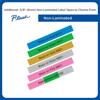 Brother non-laminated label tape in blue, green, gold, silver, pink, and white colors