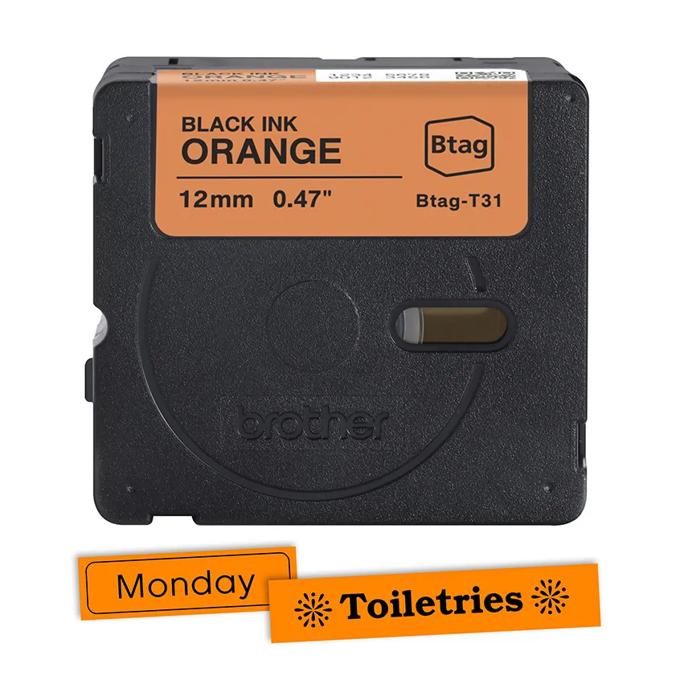Brother Btag labeling tape cartridge in orange with black ink, 12mm width
