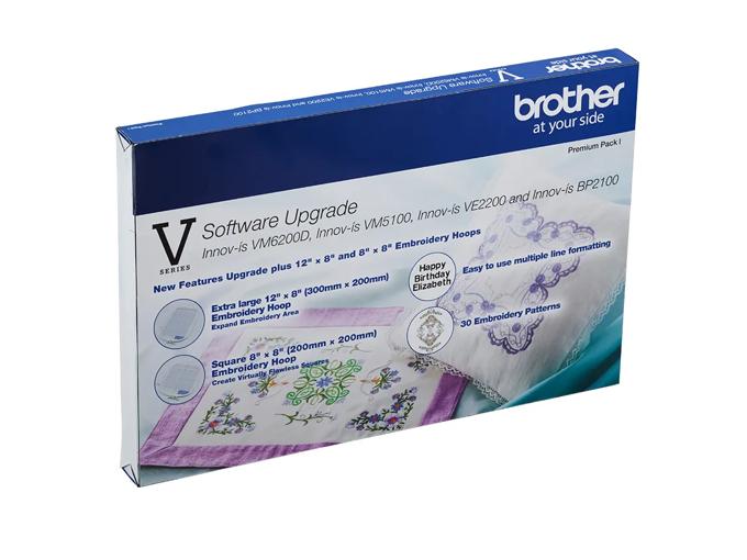 Brother V Series software upgrade box with embroidery hoops and pattern features