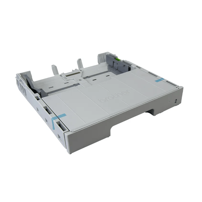 Brother printer paper tray with adjustable guides on white background
