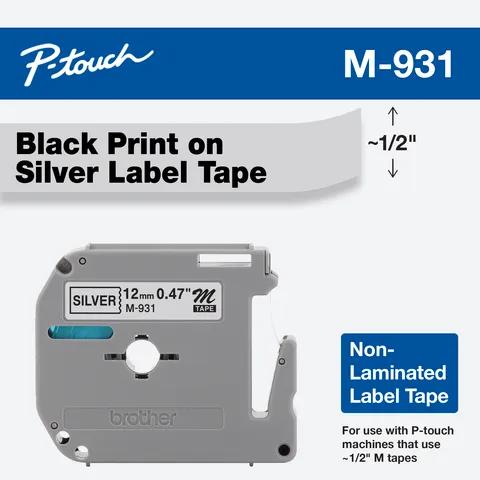 Brother P-touch M-931 non-laminated label tape cartridge with black text on silver background