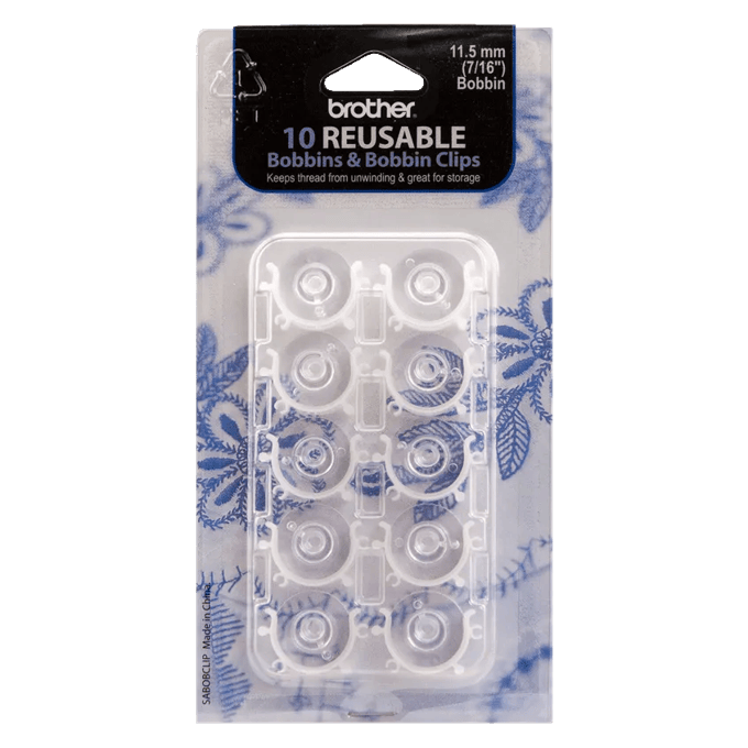 Brother 10 reusable bobbins and bobbin clips in clear plastic packaging for sewing machines