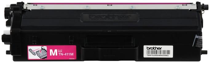 Cartucho de tóner magenta Brother TN-411M con etiqueta y código de barras sobre fondo blanco
