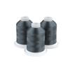 Three spools of blue-grey embroidery thread on white bases