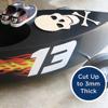 Brother cutting machine cuts custom designs on black soapbox car up to 3mm thick
