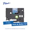 Brother P-touch TZe tape cartridge, 12mm laminated blue with white print, labeled Friday Nuts & Bolts