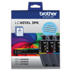 Brother LC401XL 3PK high-yield color ink cartridge multipack for wireless inkjet printers