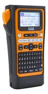 Brother P-touch Edge handheld label maker with QWERTY keyboard displaying patch panel labels