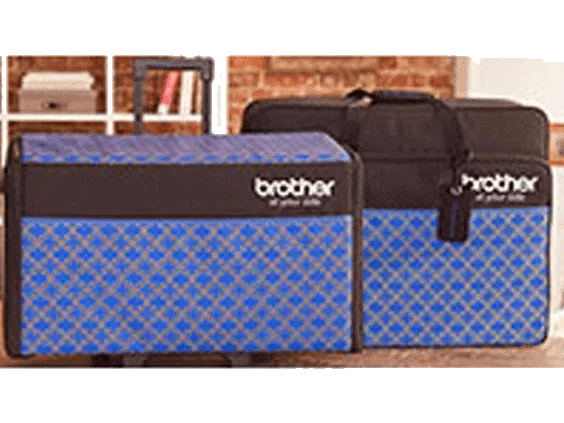 Brother ScanNCut carrying case with blue plaid pattern and storage compartments