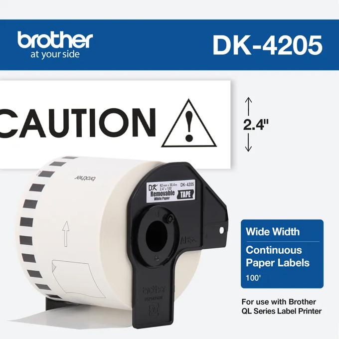 Brother DK-4205 continuous paper label roll, 2.4 inches wide, removable white paper tape