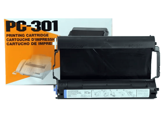 Brother PC-301 printing cartridge with thermal fax ribbon and product packaging