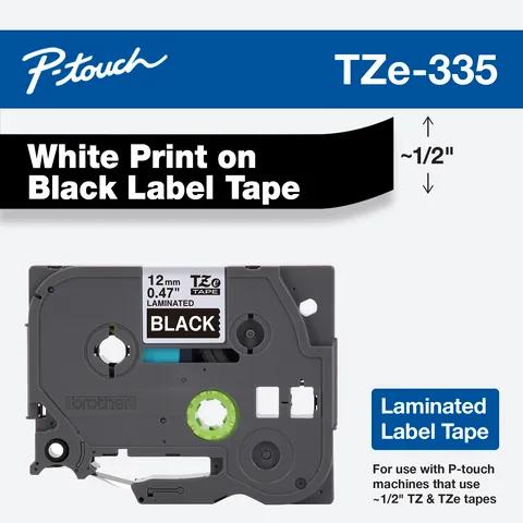 Cartucho de cinta de etiquetas laminadas Brother TZe-335 con impresión blanca sobre negro, 1/2"