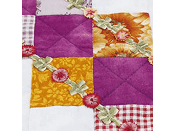 Colorful patchwork quilt with floral embroidery and decorative stitching on fabric squares