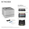 Brother HL-L8570cdw color laser printer with toner cartridges, drum unit, power cord, and setup guide