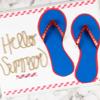 Decorative summer greeting sign with blue flip-flops and rope lettering saying Hello Summer