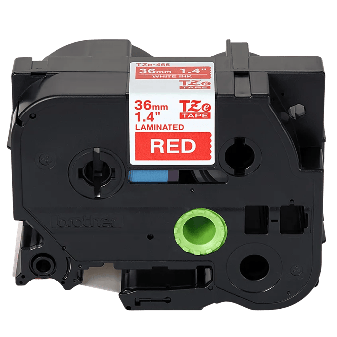 Brother TZe-465 laminated label tape cartridge, 36mm, white on red background