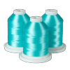 Three turquoise embroidery thread spools on white bases