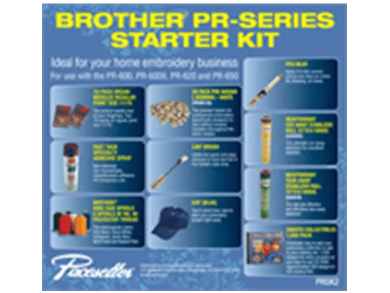 Brother PR-Series embroidery starter kit with threads, bobbins, needles, and accessories