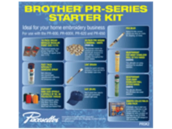 Brother PR-Series embroidery starter kit with threads, bobbins, needles, and accessories