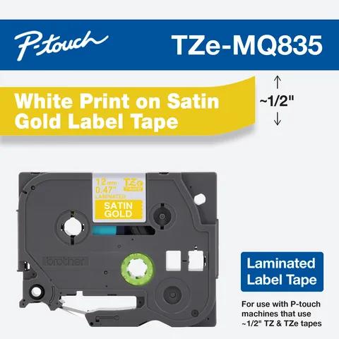 Cartucho de cinta de etiquetas laminadas Brother P-touch TZe-MQ835 con impresión blanca sobre dorado satinado