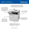 Brother MFC-L5715DW monochrome laser all-in-one printer with labeled features and touchscreen