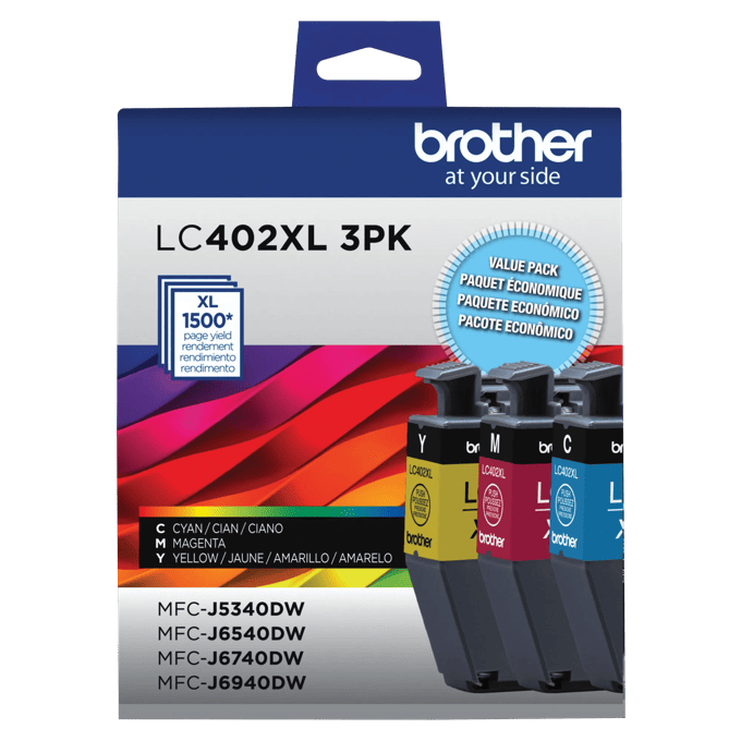 Brother LC402XL 3-pack high-yield ink cartridges in cyan, magenta, and yellow