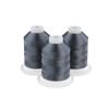 Three gunmetal gray embroidery thread spools on white bases